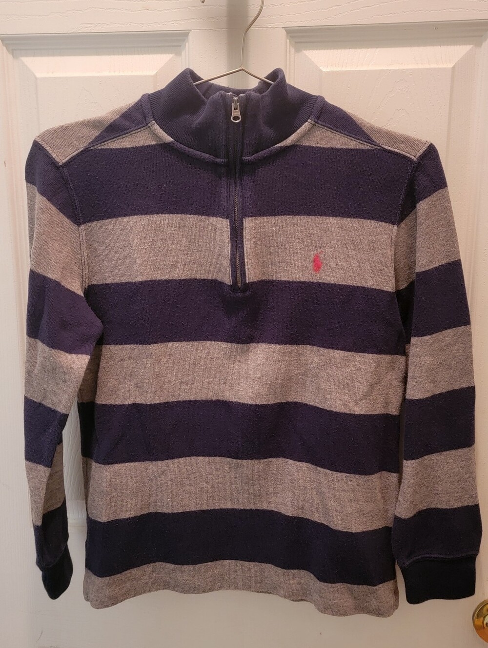 Polo Ralph Lauren Boys Striped Quarter Zip Pullover - Size M(10/12) - Navy/Gray